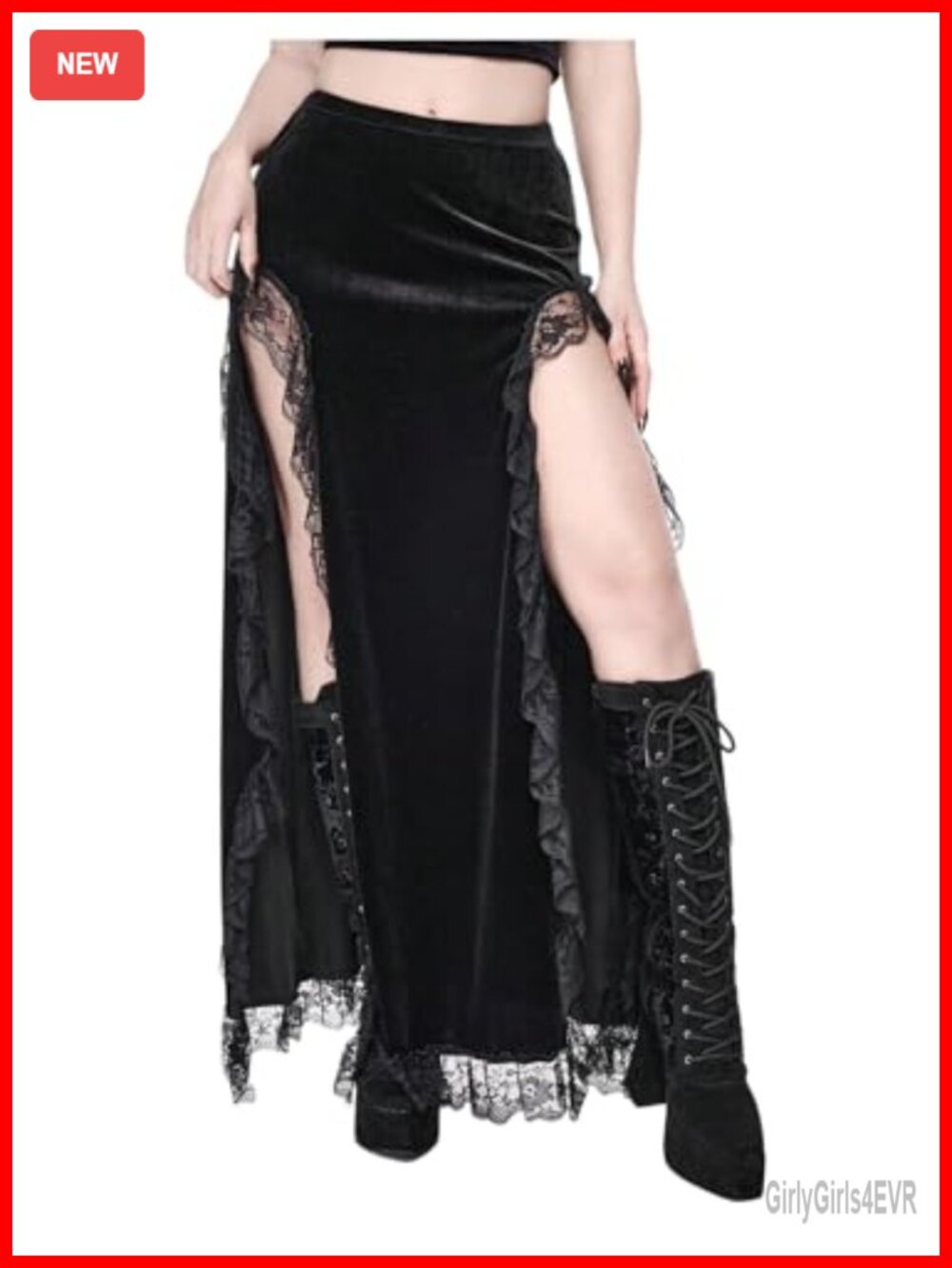 Women's Velvet Maxi Skirt with Thigh Slit & Lace Trim Gothic Y2K Style